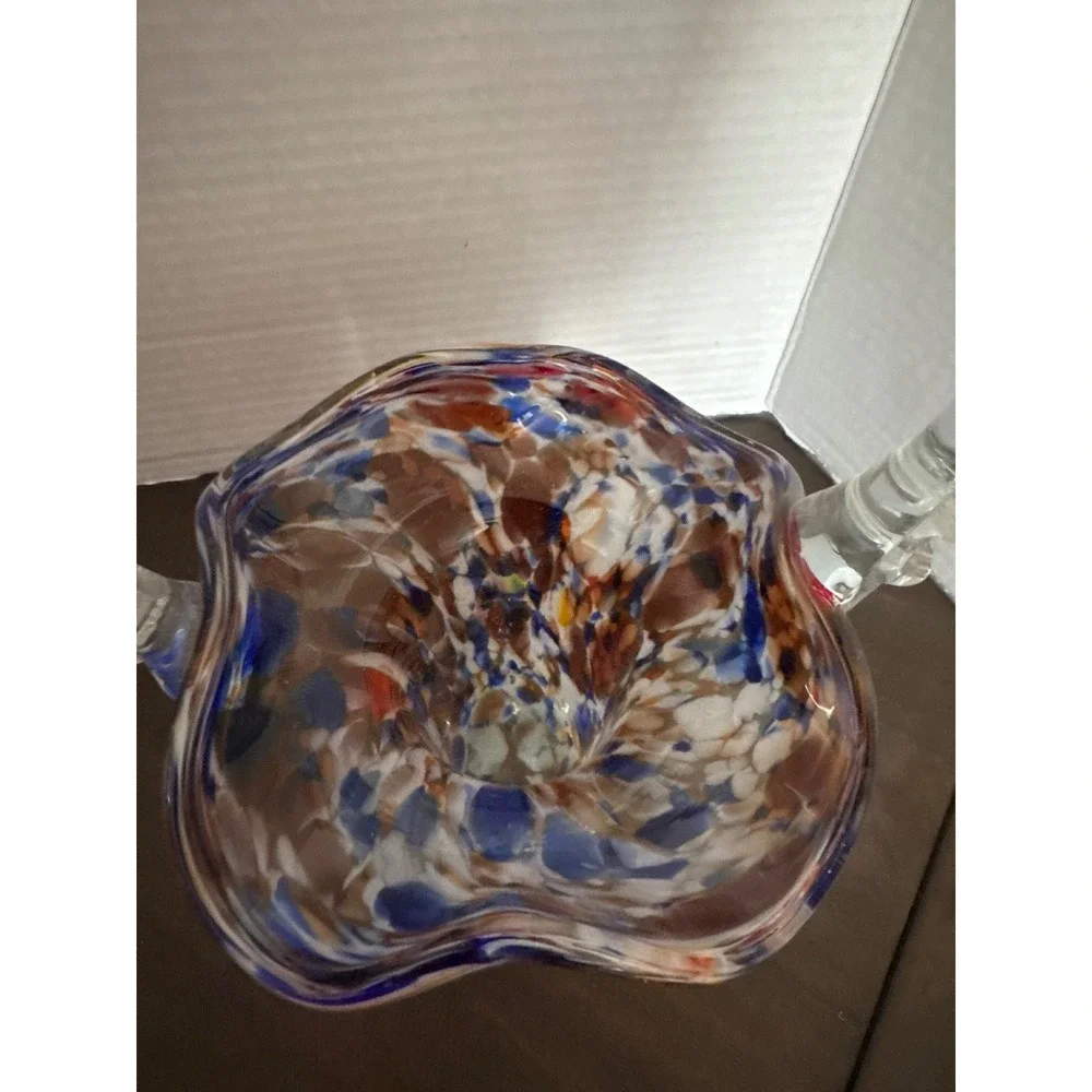 Vintage Hand Blown Art Glass Basket Confetti Blue Orange Splatter Thorn Handle